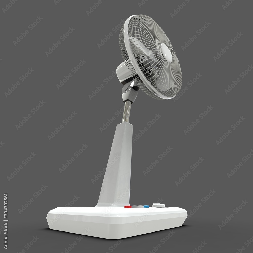 White electric fan. Three-dimensional model on a gray background. Fan with  control buttons on the stand. A simple device for air ventilation. 3d  illustration. Stock Illustration | Adobe Stock