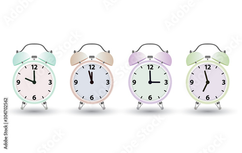 Realistic alarm clock. Realistic clock vectors in different colors and times. Vector Illustration