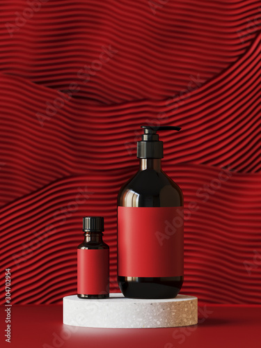 Abstract background for branding, identity and packaging presentation. Cosmetic bottle on terrazzo podium and red wavy stripes background. 3d rendering illustration.