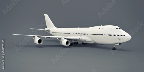 Large passenger aircraft of large capacity for long transatlantic flights. White airplane on gray isolated background. 3d illustration.