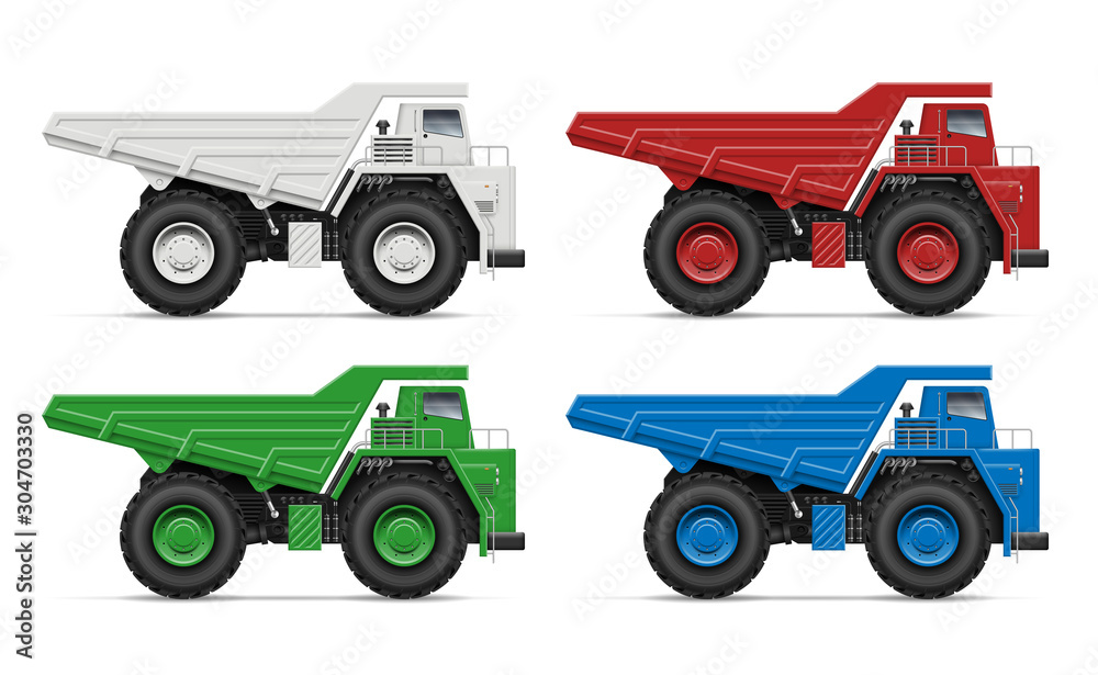 Quarry dump trucks view from side isolated on white background. Construction and mining vehicle vector template, all elements in the groups on separate layers for easy editing and recolor Quarry dump trucks view from side isolated on white background. Construction and mining vehicle vector template, all elements in the groups on separate layers for easy editing and recolor