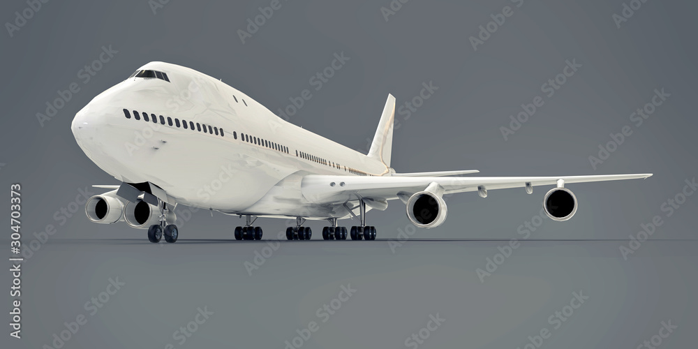 Large passenger aircraft of large capacity for long transatlantic flights. White airplane on gray isolated background. 3d illustration.