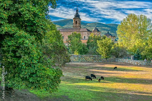 Monastery of El Paular. View of the Monastery of El Paular from the bridge of forgiveness, Rascafría, Madrid, Spain.
