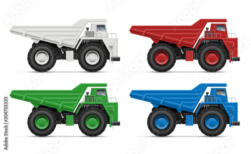 Quarry dump trucks view from side isolated on white background. Construction and mining vehicle vector template, all elements in the groups on separate layers for easy editing and recolor