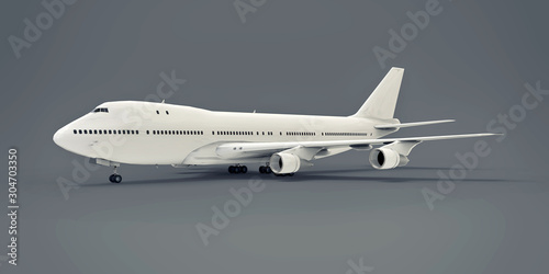 Large passenger aircraft of large capacity for long transatlantic flights. White airplane on gray isolated background. 3d illustration.