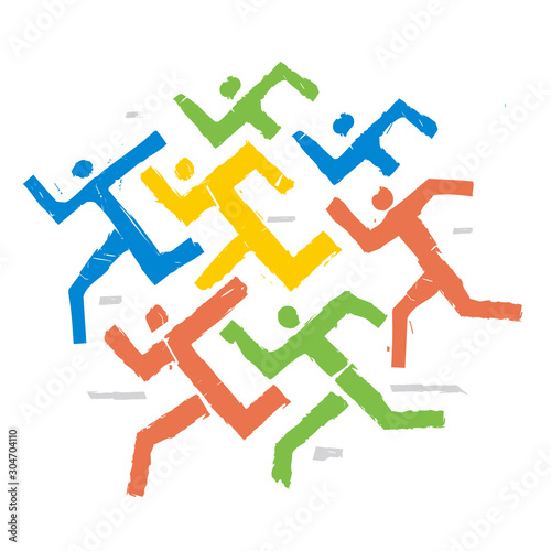  Running race,fitness runners, expressive symbol. Colorful illustration of seven abstract stylized runners.Isolated on white background. Vector available.