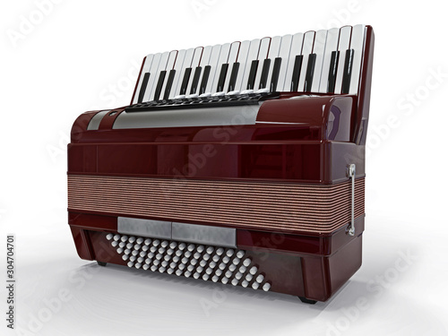 Burgundy accordion on a white isolated background. 3d illustration. photo