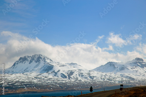 Snow cap on the mountain range in Iceland