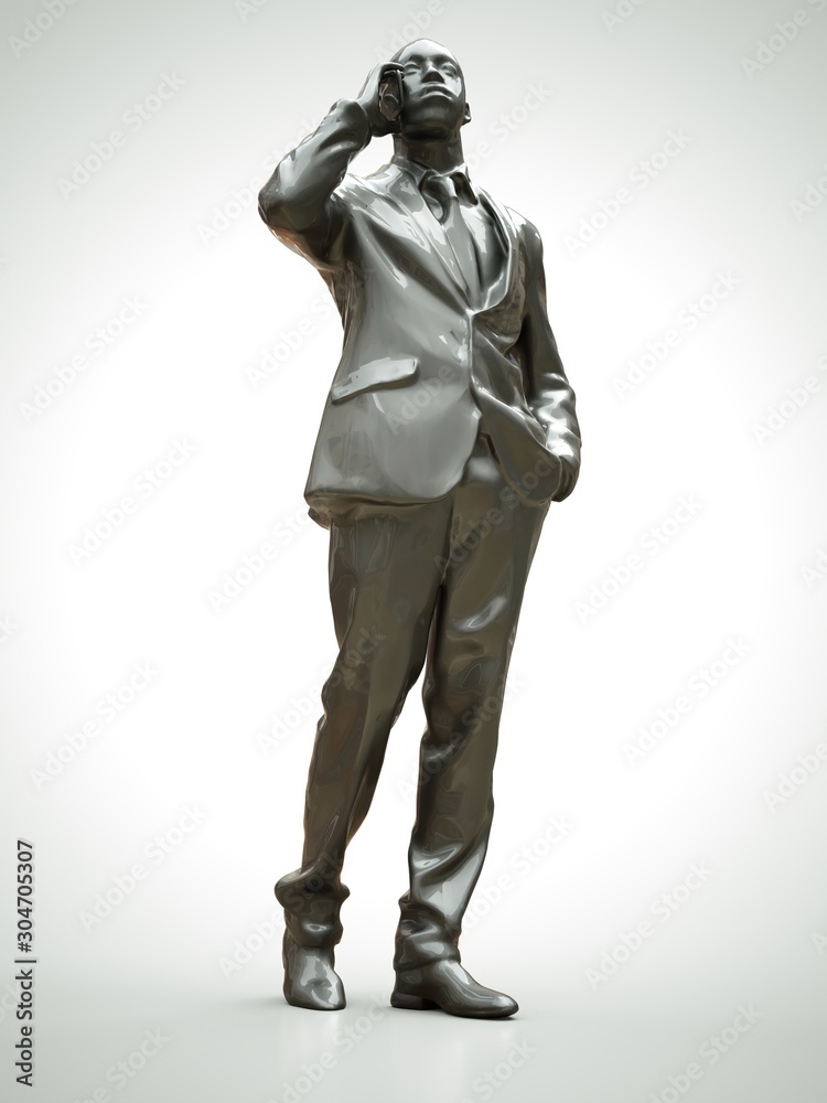 Plastic figure of a black man in a suit talking on the phone. 3d rendering.