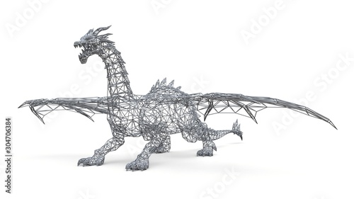 Big dragon stands on the ground. Three-dimensional illustration of the polygonal mesh on a white background. 3d illustration.