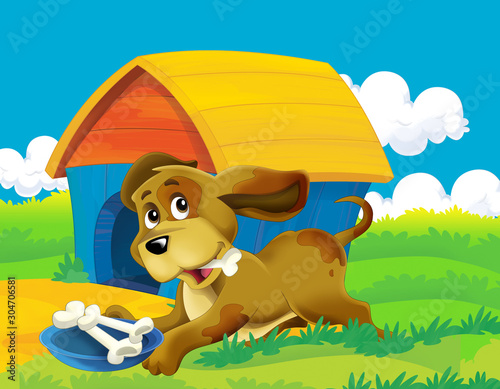cartoon scene with dog on a farm having fun - illustration for children