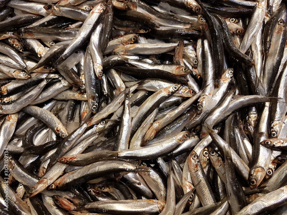 A bunch of European smelt fish on the counter on the market. Fresh herring pattern. A bunch of European smelt fish on the counter on the market. Fresh herring pattern.