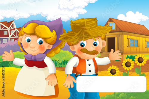 Cartoon happy farm scene - farm couple man and woman happy with frame for text - illustration for children