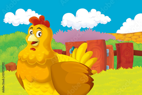 Cartoon farm happy scene with standing hen chicken farm bird - illustration for children