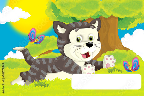 cartoon scene with cat having fun on the farm with frame for text - illustration for children