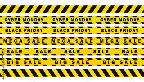 Realistic Seamless attention SALE yellow black diagonal stripes tape. Safety danger ribbon signs.Warn Caution symbol. Mega sale, black Friday, cyber Monday. Isolated on white background.