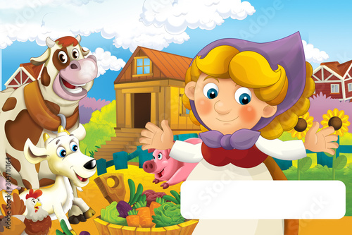 cartoon scene with happy woman working on the farm with frame for text - standing and smiling illustration for children © honeyflavour