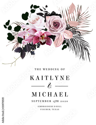Black and dusty pink flowers glamour vector design bouquet frame