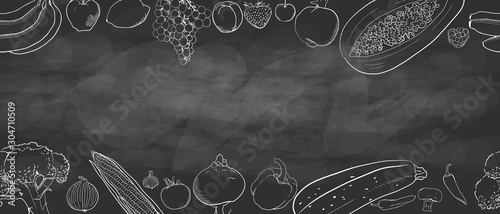hand drawing.copy space. seamless pattern with fruits and vegetables. banana lemon grapes peach Strawberry  cherry Garnet papaya raspberry corn garlic  mushroom