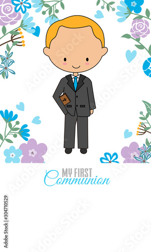 Communion Card. Boy with a bible and flower background