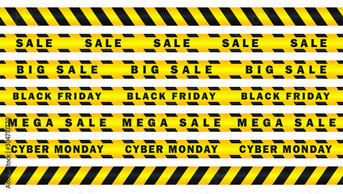 Realistic Seamless attention SALE yellow black diagonal stripes tape. Safety danger ribbon signs.Warn Caution symbol.  Mega sale, black Friday, cyber Monday. Isolated on white background.