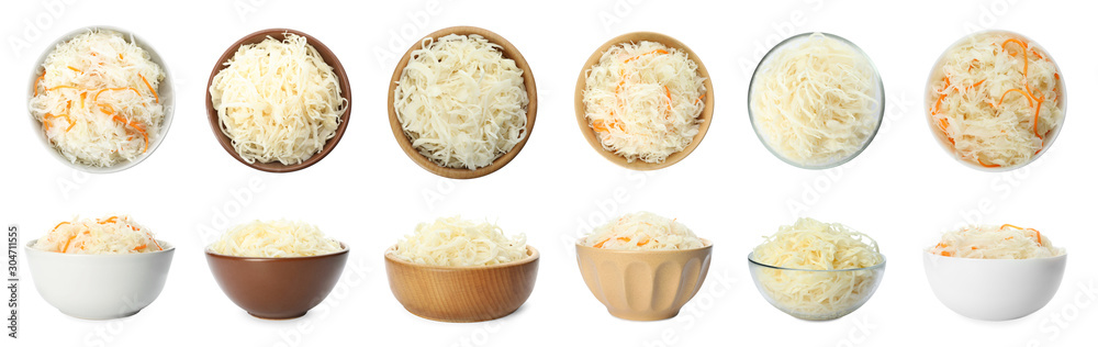 Set of tasty fermented cabbage isolated on white Set of tasty fermented cabbage isolated on white