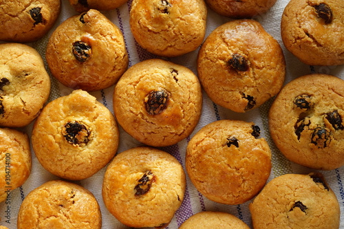 close-up of fresh baked homemade raisin cookies