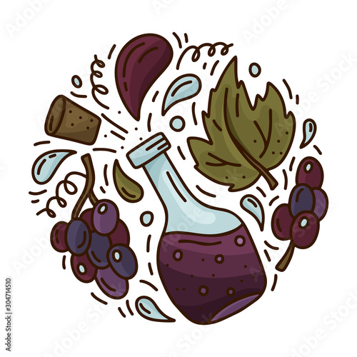 Cartoon bottle with isolated black grapes. Round doodle template of red wine or balsamic vinegar. Hand drawn vector concept. Color illustration for emblem, sticker, poster, banner
