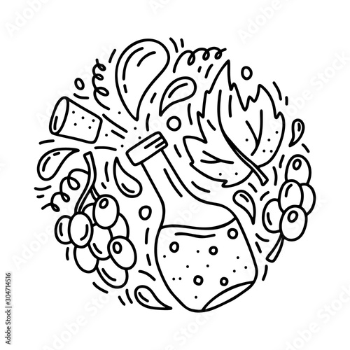 Round doodle template of wine or balsamic vinegar. Hand drawn vector concept. Contour illustration for emblem, sticker, print, banner. Outline cartoon set of bottle with isolated grapes and leaf