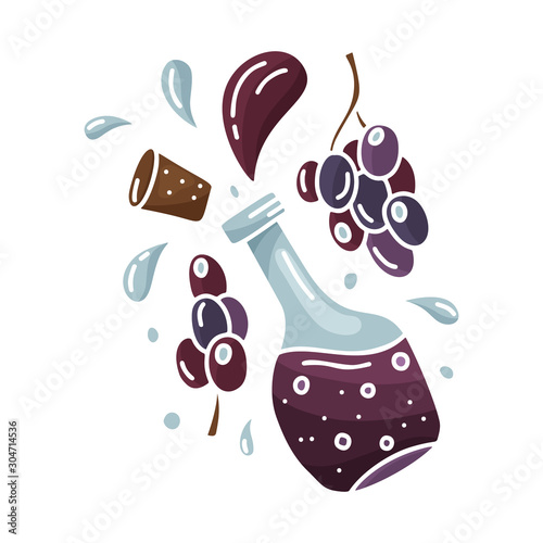 Red wine or balsamic vinegar. Cartoon set of bottle with isolated black grapes, cork and splash. Hand drawn vector concept. Color flat illustration for poster, banner
