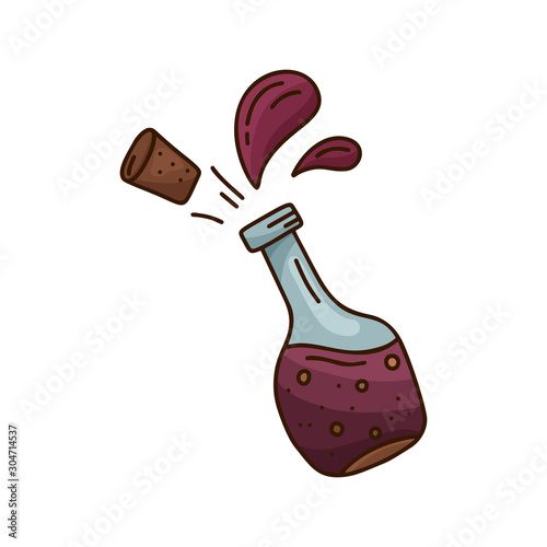 Cartoon doodle bottle with isolated flying cork and splash. Red wine or balsamic vinegar on white background. Hand drawn vector concept. Color illustration for poster, banner