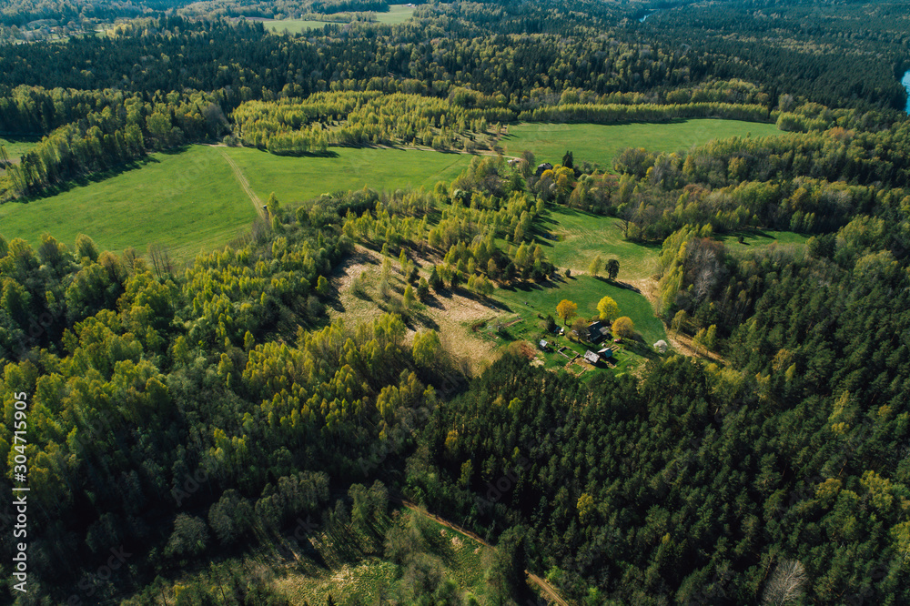 Aerial view on rural forest area with small road 