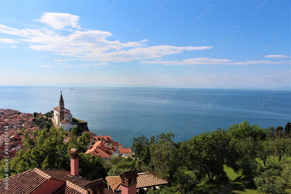 Overlooking panoramic view to Piran and St. George Cathedral - Slovenia