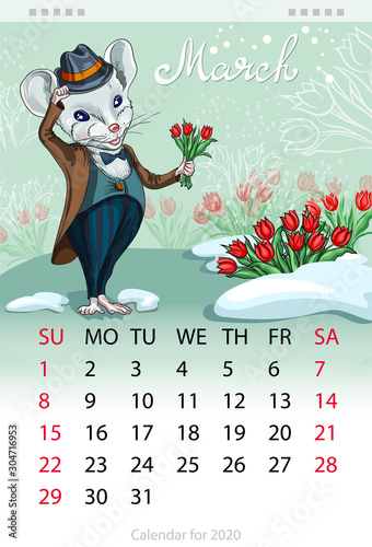 Calendar for the year 2020 of the white rat. Handwritten inscription of the month of March. Decorative greeting card with 8 March and new year Image of a mouse with a flower tulips