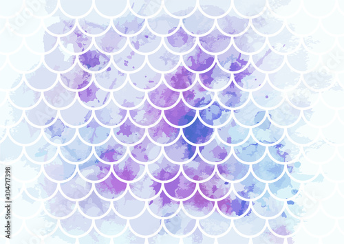 Pink-blue mermaid scales. Watercolor fish scales. Underwater sea pattern. Vector illustration. Perfect for print design for textile, poster, greeting card, invitation.