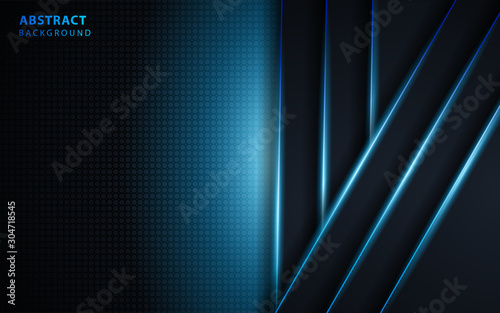 Abstract blue dimension on black texture background. Realistic overlap layers texture with blue lights element decoration. Vector design template for modern cover, banner, card, frame, advertising