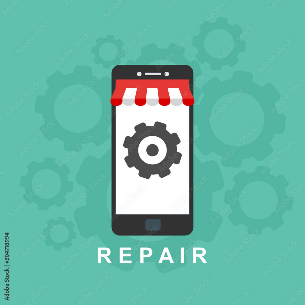 Concept of mobile phone repair. Horizontal banner with smartphone and tools. Service electronic technic. Colorful vector background with place for text. Concept of mobile phone repair. Horizontal banner with smartphone and tools. Service electronic technic. Colorful vector background with place for text.
