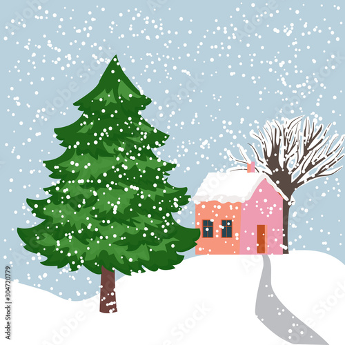 Vector illustration of a snow covered village with a large beautiful fir tree in the foreground