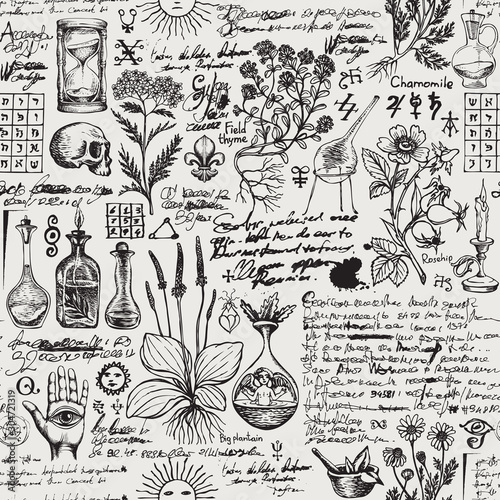 Vector seamless pattern on the theme of medicine and herbal treatment in retro style. Repeatable background with hand-drawn sketches, unreadable notes, various herbs and old medical symbols, blots. photo