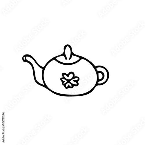 teapot with flower. Element in hand drawn Scandinavian style. icon in simple liner. card, poster, menu. tea ceremony.