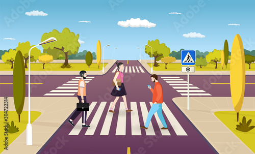 People walking on crosswalk, pedestrians crossing road at intersection