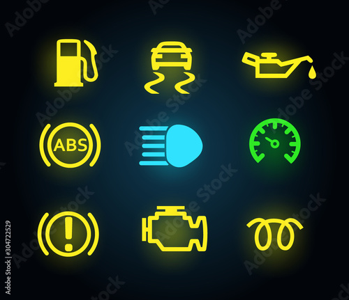 Set of yellow and green light car dashboard panel indicators, icons isolated, petrol, oil, engine, abs, brake, vector illustration