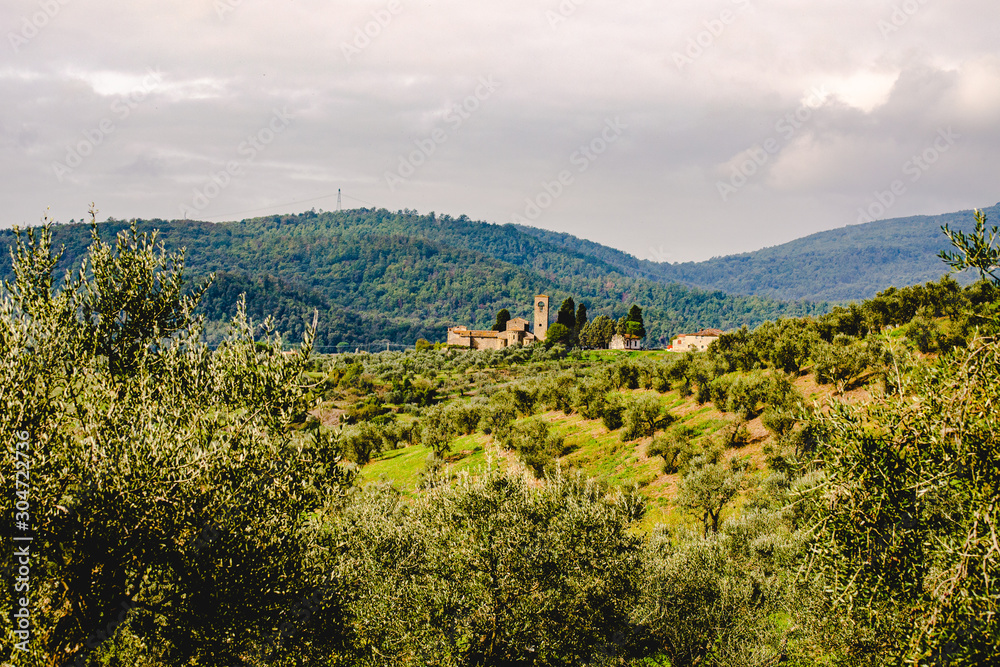 Naklejka premium View of Ss. Mary and Leonard parsih church in Artimino with typical tuscan landscape