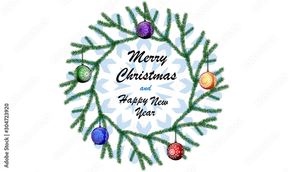 Obraz premium Vector christmas round background with green branches and decorations