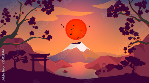 Japan background pattern, mountain Fuji with snow near the water, sunset landscape background, red sun, pink sakura trees, japanese houses and boat, Vector illustration