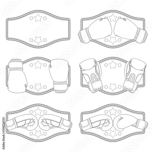 Set of black and white illustrations with boxing gloves and a winner's belt. Isolated vector objects on a white background.