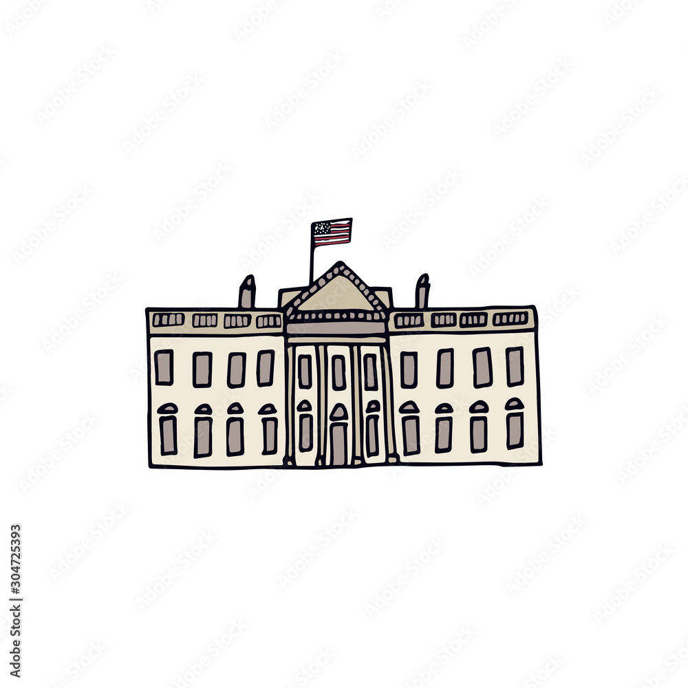 The White House in Washington.Hand drawn vector illustration on  white background.