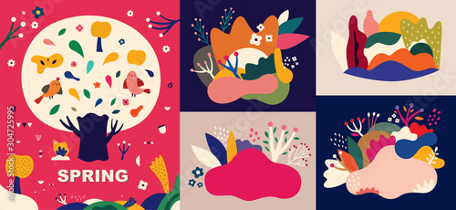 Spring illustration with big tree and birds and set of abstract pattern