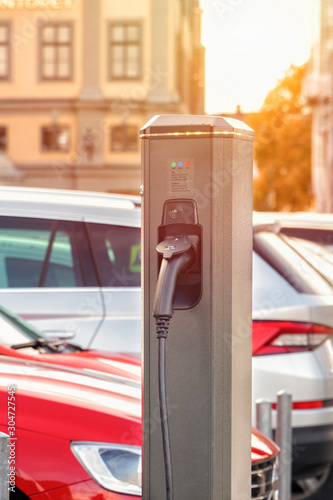 Charger for electric cars. Charging station. Hybrid automobile.