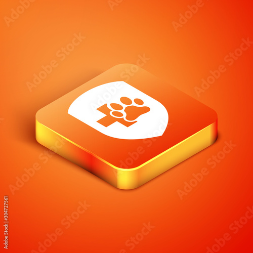 Isometric Animal health insurance icon isolated on orange background. Pet protection icon. Dog or cat paw print. Vector Illustration